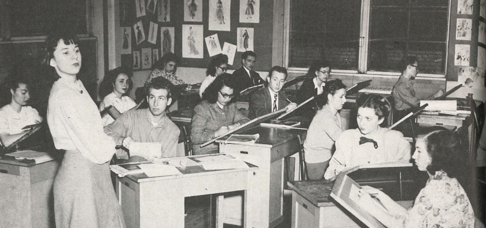 Vintage classroom with students at desks and fashion sketches on walls