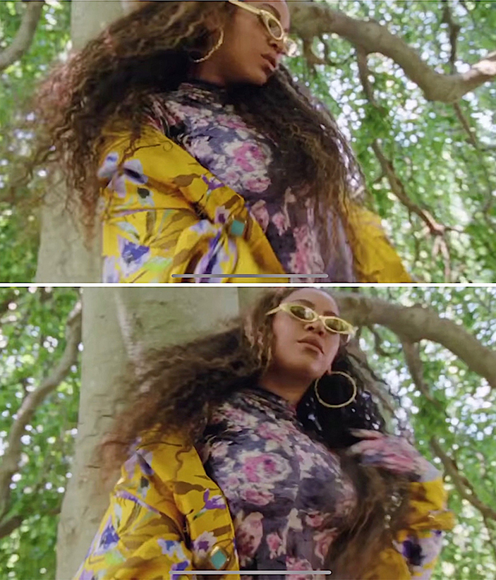 Two shots of Beyonce wearing floral print dress and yellow floral-print jacket in Black Is King.